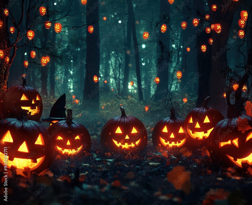 Halloween night scene with eerily glowing pumpkin faces in a spooky forest backdrop. Halloween night scene with eerily glowing pumpkin faces in a spooky forest backdrop.