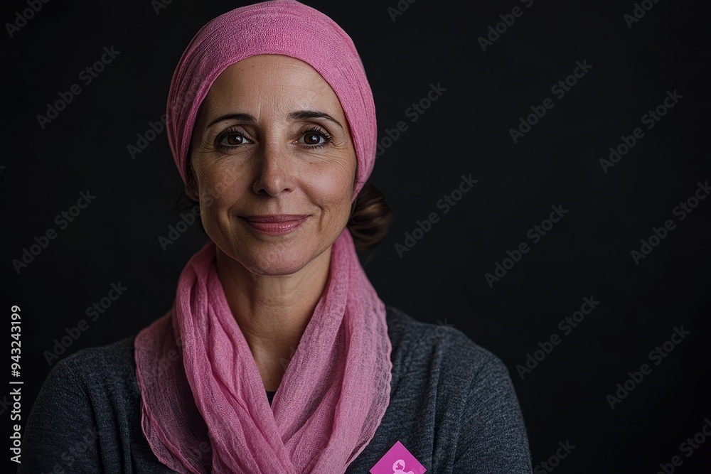 Breast Cancer Survivor Portrait: A strong, confident woman who is a breast cancer survivor, smiling warmly at the camera. She is wearing a pink headscarf, symbolizing her journey through chemotherapy, Breast Cancer Survivor Portrait: A strong, confident woman who is a breast cancer survivor, smiling warmly at the camera. She is wearing a pink headscarf, symbolizing her journey through chemotherapy,