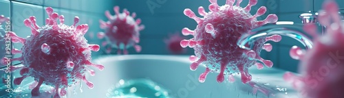 Contaminated bathroom sink, enlarged germs, radiant colors, 3D illustration