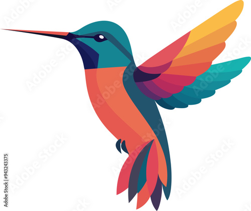 Exotic tropical bird hummingbird, parrot. Vector illustration. Bird of Amazonian forests in flat design illustration. Fauna of South America. Flying colorful bird for icons, posters, books.