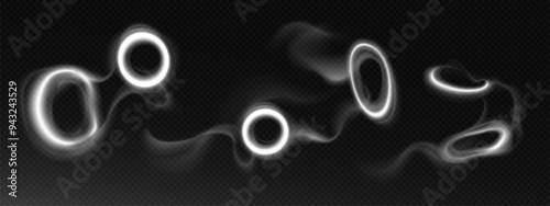 Smoke rings set isolated on transparent background. Vector realistic illustration of cigarette steam clouds with round twirls floating in air, vape or hookah vapor, nicotine puff, air whiff effect