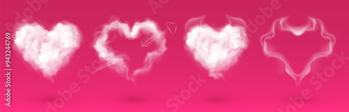 White smoke hearts set isolated on pink background. Vector realistic illustration of fluffy mist clouds, Valentine Day banner decoration, romantic love symbol with arrow, steam puff effect frame