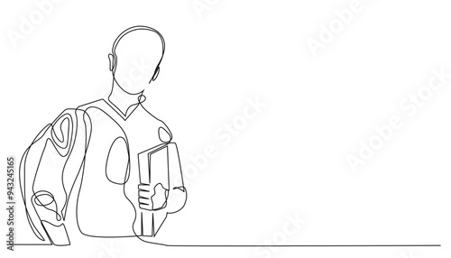 continuous line of AI robot holding a book.one line drawing of technology robot holding a book.AI for education.interacting with AI.single line vector illustration
