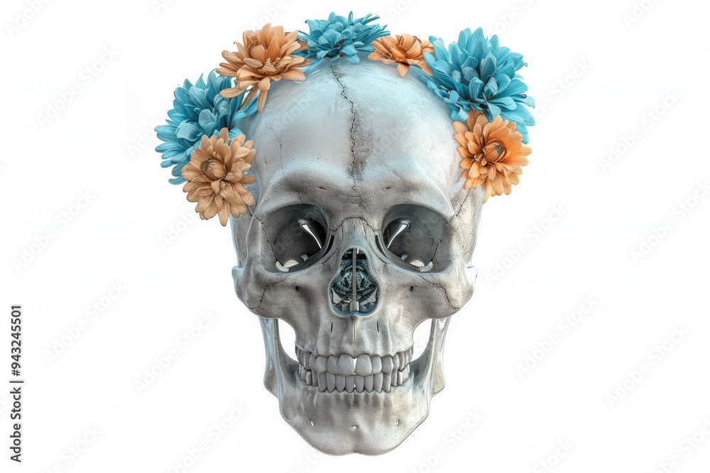 Naklejka premium Portrait of a woman with sugar skull makeup over Halloween costume and make-up. Portrait of Calavera Catrina. Beautiful simple AI generated image