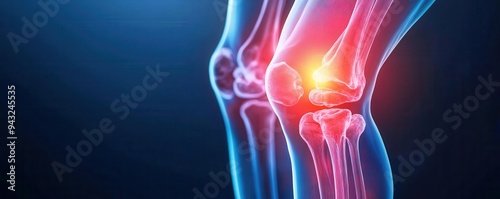 3D rendered illustration of a human knee joint with inflammation or injury highlighted in a bright red color, on a blue background.