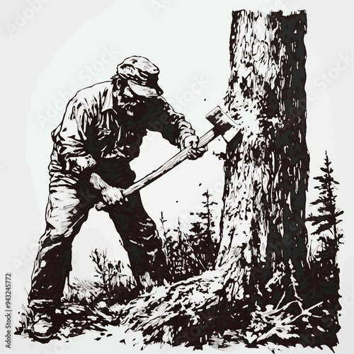 A rugged black-and-white ink drawing of a woodsman chopping a tree, showcasing strength, resilience, and the raw beauty of nature and outdoor life.