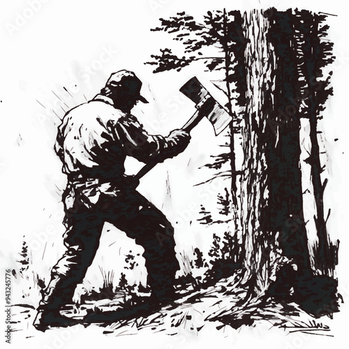 A rugged black-and-white ink drawing of a woodsman chopping a tree, showcasing strength, resilience, and the raw beauty of nature and outdoor life.