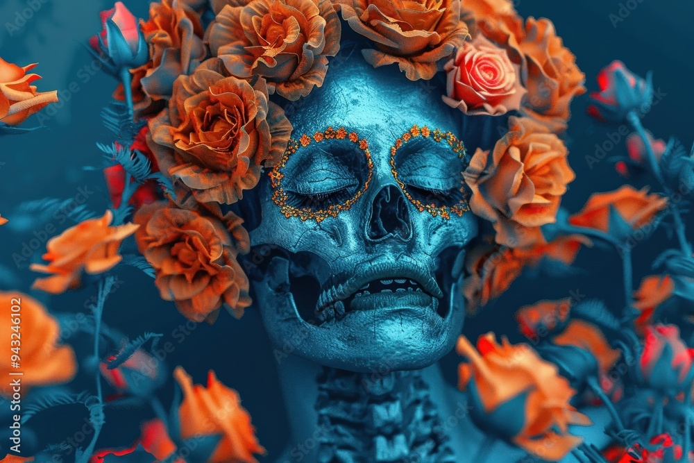 Mexican folk art, close-up view of a Day of the Dead calavera skeleton figure carved from wood. Beautiful simple AI generated image Mexican folk art, close-up view of a Day of the Dead calavera skeleton figure carved from wood. Beautiful simple AI generated image