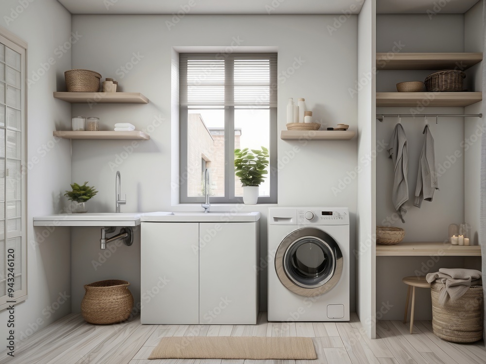 Minimalist Laundry Room with White Cabinets and a Washing Machine Minimalist Laundry Room with White Cabinets and a Washing Machine