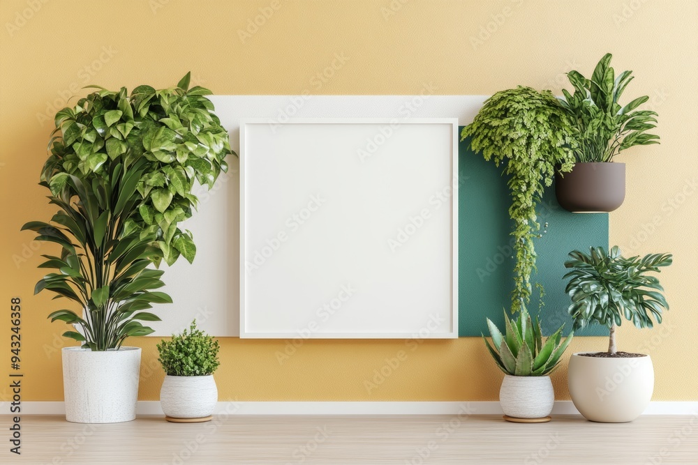 A quadrangle vertical frame mockup in a boho style interior with a shelf and trailing green plants on an empty green wall background. 3D illustration. A quadrangle vertical frame mockup in a boho style interior with a shelf and trailing green plants on an empty green wall background. 3D illustration.