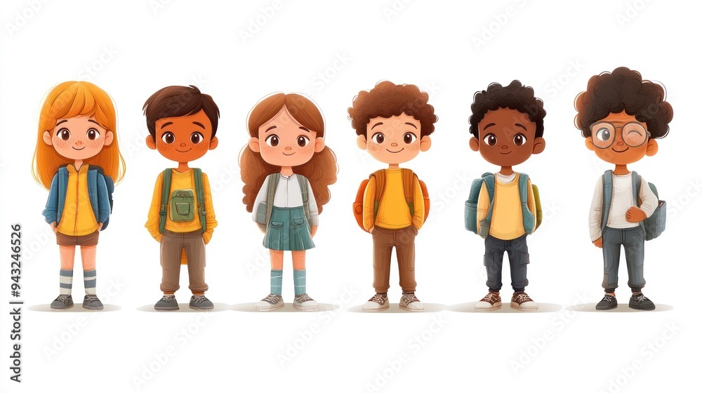 Six Kids with Backpacks Standing in a Line Happily Six Kids with Backpacks Standing in a Line Happily