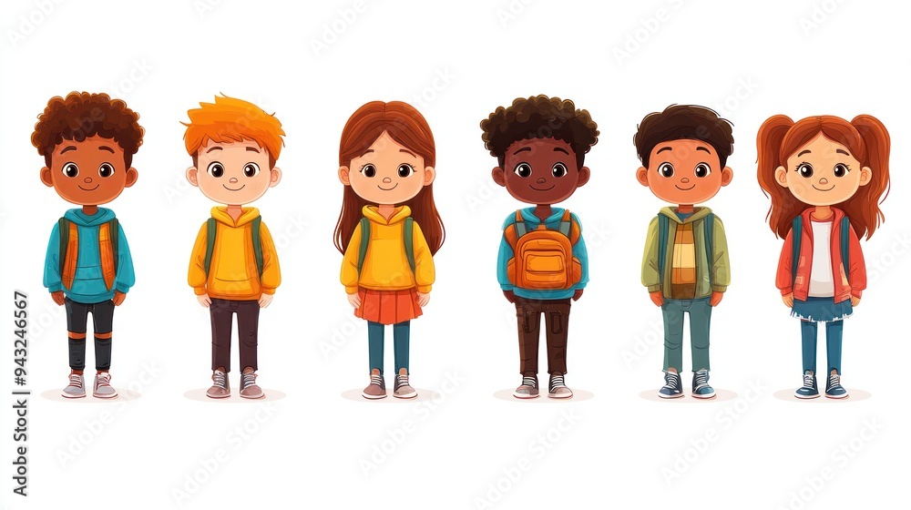 Six children standing in line wearing colorful clothes Six children standing in line wearing colorful clothes