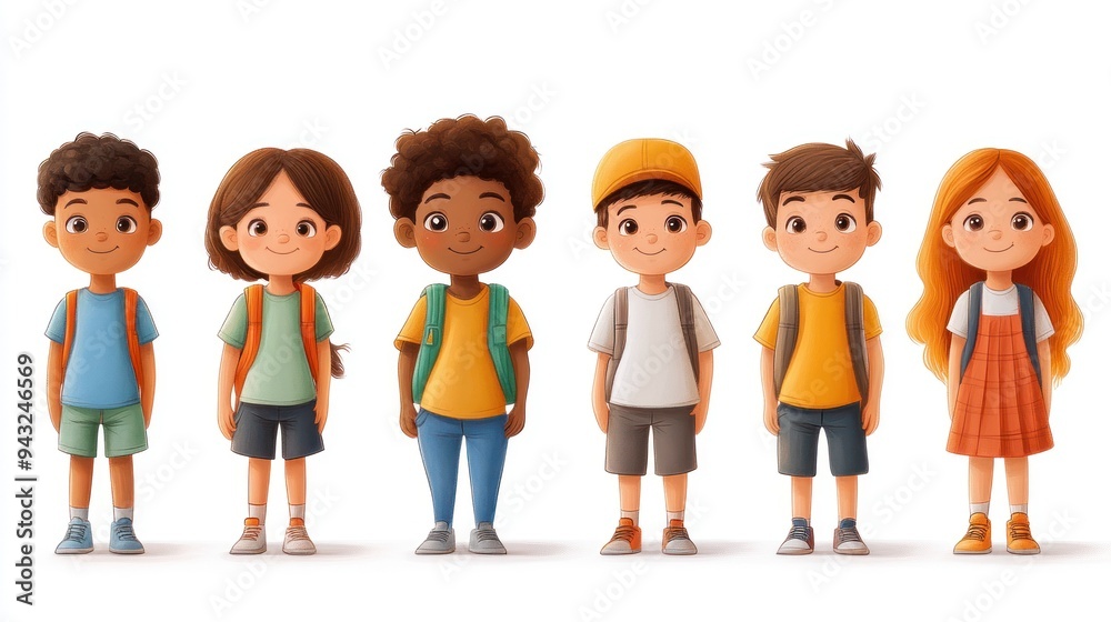 Six children lined up in bright summer clothes Six children lined up in bright summer clothes