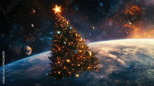 Christmas tree orbiting Earth with planet ornaments in space