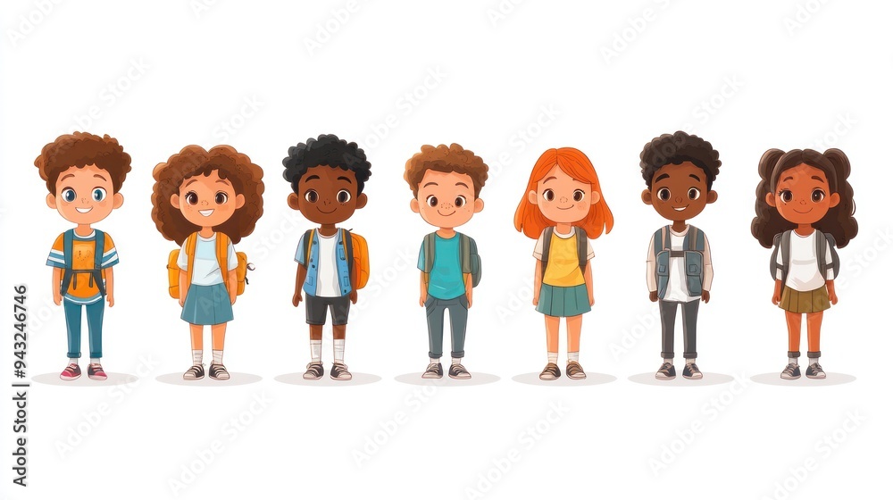 Group of Kids with Backpacks Posing Happily Together Group of Kids with Backpacks Posing Happily Together