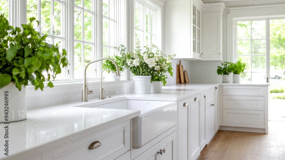 A bright, airy kitchen with white cabinetry, marble countertops, and brass fixtures A bright, airy kitchen with white cabinetry, marble countertops, and brass fixtures