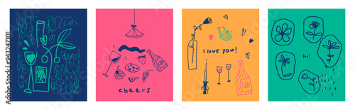 Fotografia Bright collection of naive art style vector illustrations for Valentine, birthday and good day, featuring simple doodle designs, hearts, wine, festive greetings