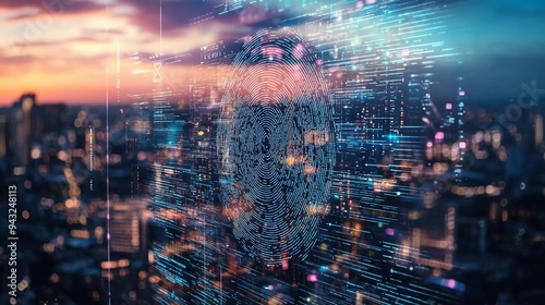 Wallpaper Mural A hologram of a fingerprint over a city skyline at dusk, with floating digital elements. Cybersecurity and technology concept. Beautiful double exposure Torontodigital.ca