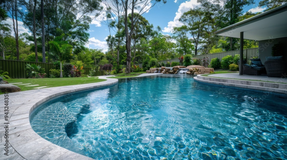 Fototapeta premium A large pool with a waterfall and a fence in the background