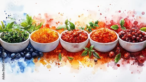 Fototapeta Assorted spices and herbs in bowls with vibrant colors