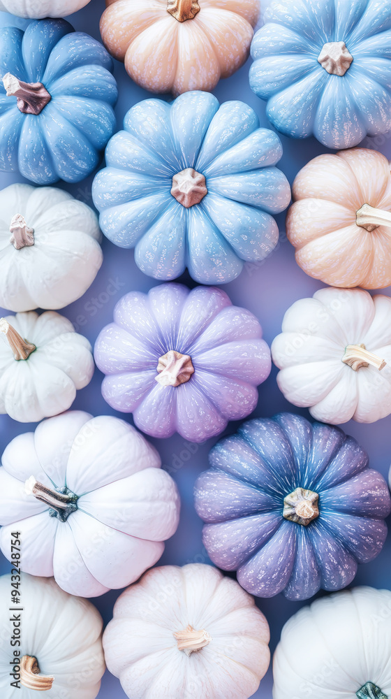 Aesthetic mix of pastel blue, pink and purple pumpkins, top view. Greeting mockup, wallpaper, copy space. Generative AI
