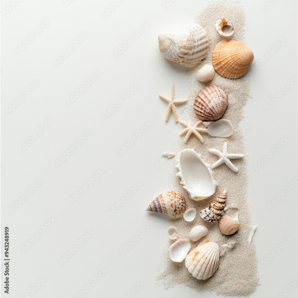 Seashells and Starfish Arranged on Wavy White Sand Background
Seashells and Starfish Arranged on Wavy White Sand Background