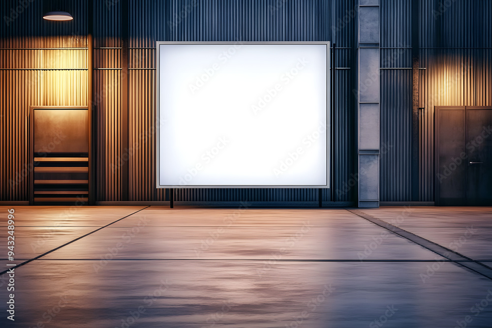 For advertising concept display, a blank billboard mockup is displayed within an interior setting with wooden walls and metal frames. For advertising concept display, a blank billboard mockup is displayed within an interior setting with wooden walls and metal frames.