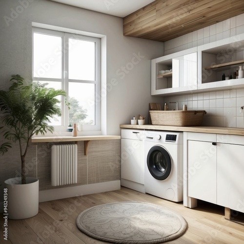 Modern Laundry Room with White Cabinets and a Washing Machine