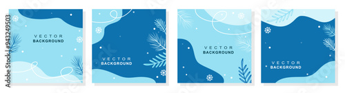 Set of universal art templates. Christmas social media post with christmas tree, snowflakes and winter plants.  Vector design of christmas elements for greeting card, cover, social media post.
