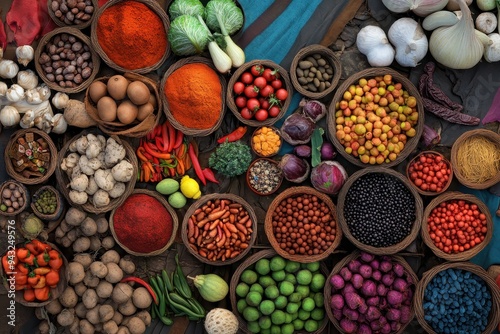 Colorful Market Scene: A bustling outdoor market filled with vibrant fruits, vegetables, spices, and handwoven textiles