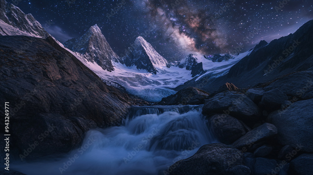 Naklejka premium small stream in a mountainous landscape at night with starry sky