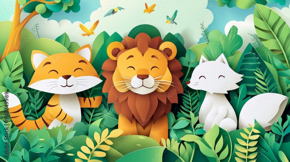 This illustration art depicts wild animals in a jungle forest using generative AI techniques. This illustration art depicts wild animals in a jungle forest using generative AI techniques.