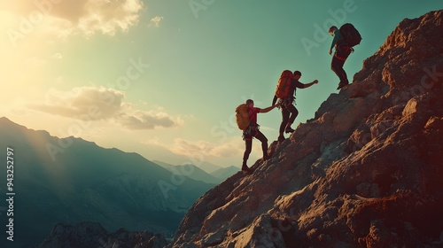 Wallpaper Mural climbing mountain team together. A group of three climbers ascending a rocky mountain at sunset, showcasing teamwork and adventure in a breathtaking l Torontodigital.ca