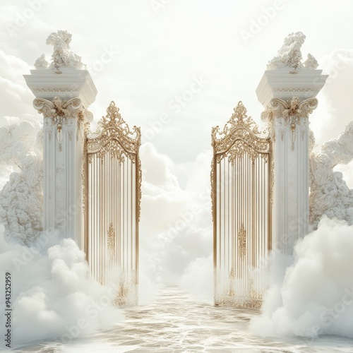 Ornate Golden Gates with Columns and Clouds in a Heavenly Setting photo