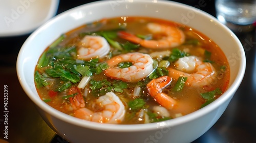 51. A bowl of Thai tom yum soup with shrimp and lemongrass