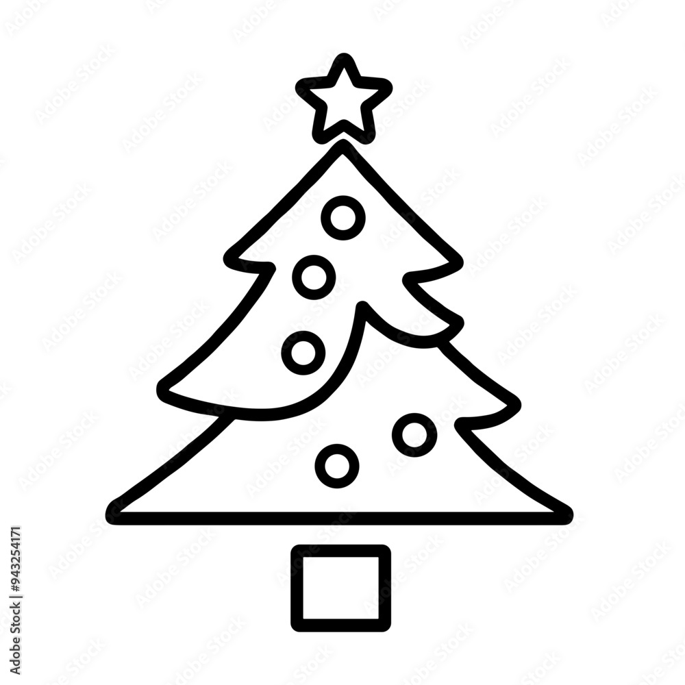 A minimalist line art depiction of a Christmas tree with ornaments and a star on top, ideal for conveying festive spirit in various design applications