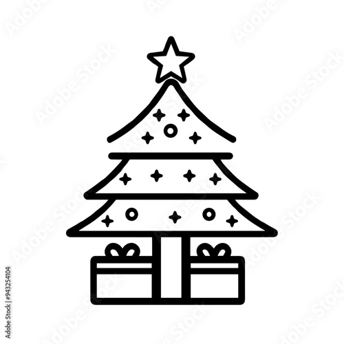 A minimalist line drawing features a stylized Christmas tree adorned with decorations and placed alongside two wrapped presents, evoking holiday spirit