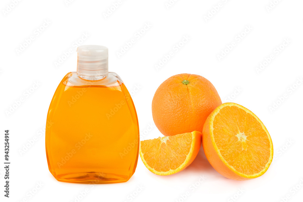 Shampoo and shower gel with citrus extract isolated on white. Collage. There is free space for text.