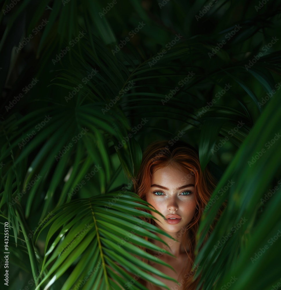 Portrait of young woman with pouty lips and perfect glowing skin surrounded by lush tropical plants, trees, palmas leaves, branch. Natural beauty and cosmetic treats. Portrait of young woman with pouty lips and perfect glowing skin surrounded by lush tropical plants, trees, palmas leaves, branch. Natural beauty and cosmetic treats.