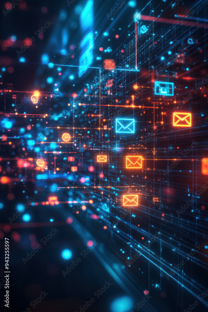 Naklejka premium Digital Communication, Futuristic digital network featuring bright icons that symbolize email communication and data transfer in a modern tech-inspired design