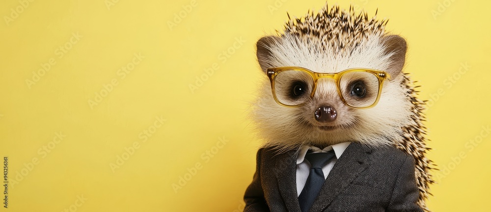 The picture shows a cool hedgehog in sunglasses and a suit. The text space is wide and the background is simple. The picture shows a cool hedgehog in sunglasses and a suit. The text space is wide and the background is simple.