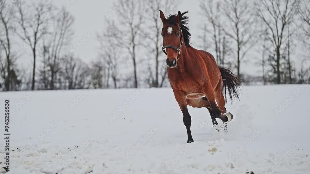 Red Horses running gallop in winter snow landscape, 4k footage. Red Horses running gallop in winter snow landscape, 4k footage.