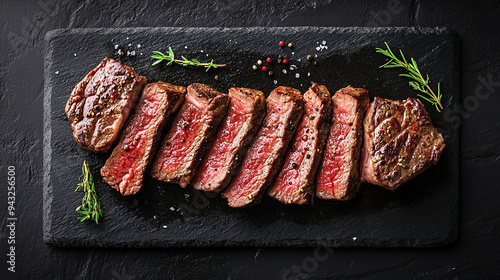 Sliced medium rare steak with herbs and spice in black plate food photography concept.
