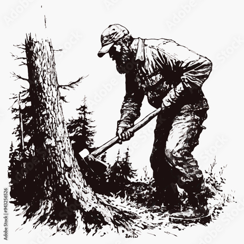 A rugged black-and-white ink drawing of a woodsman chopping a tree, showcasing strength, resilience, and the raw beauty of nature and outdoor life.