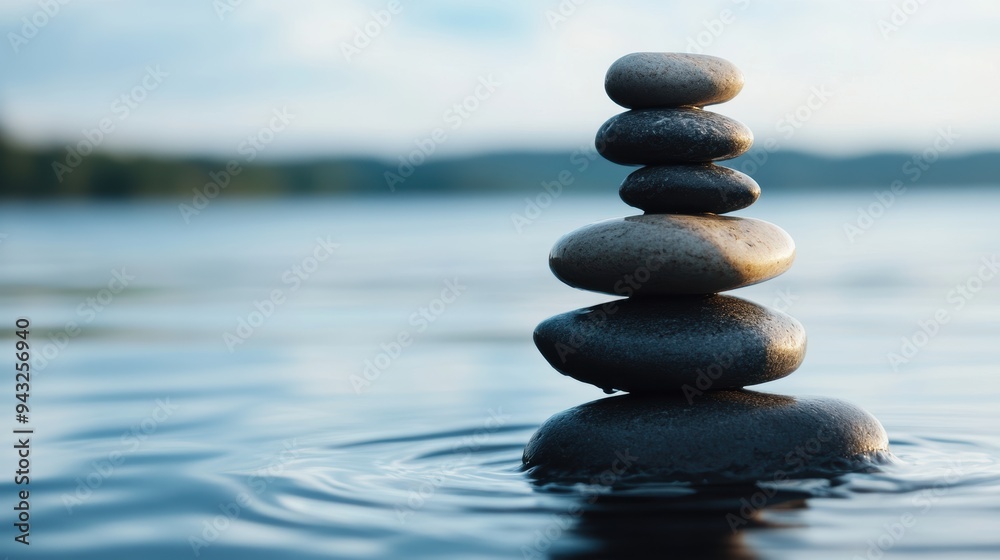 Obraz premium Serene Stone Pile Balancing on a Calm Lake at Dawn Showing Natural Symmetry