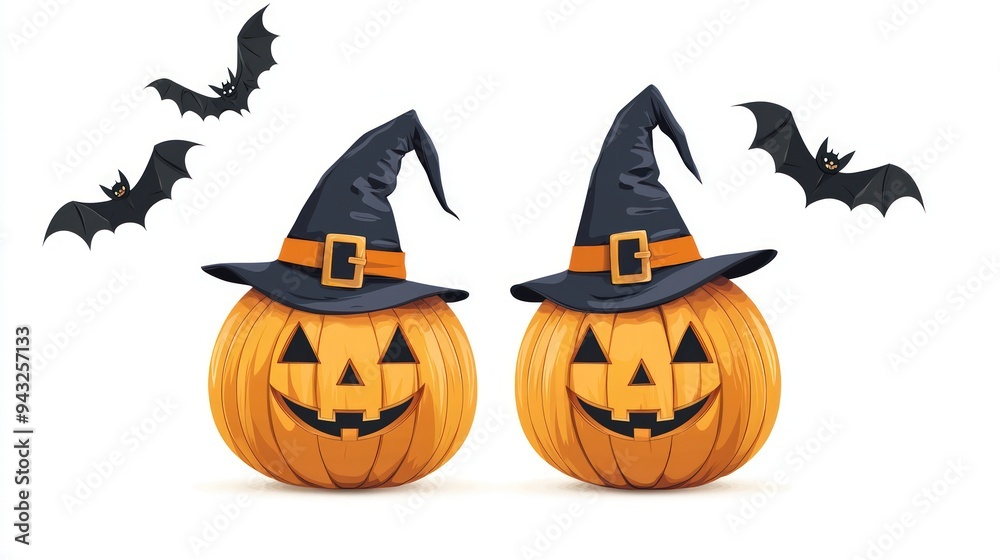 Fototapeta premium Colorful, isolated vector art of two pumpkins in witch hats with flying bats for Halloween.