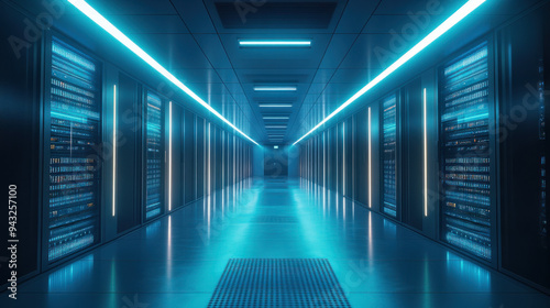 Futuristic Data Center, High-tech data center featuring glowing server racks and bright blue lighting, highlighting state-of-the-art technology and rapid data processing