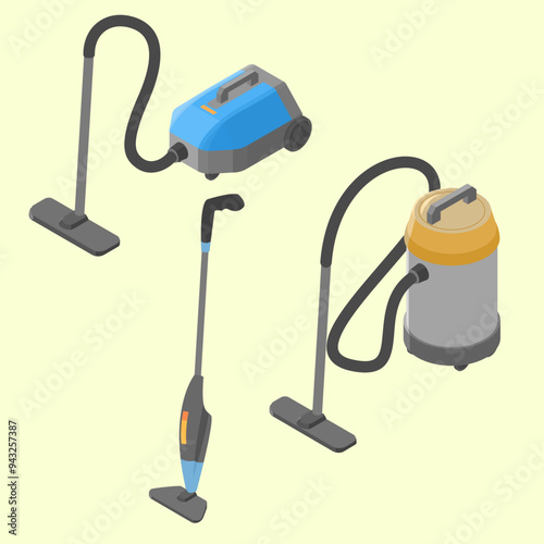 isometric vector illustration of  a set 3 different types of vacuum cleaner