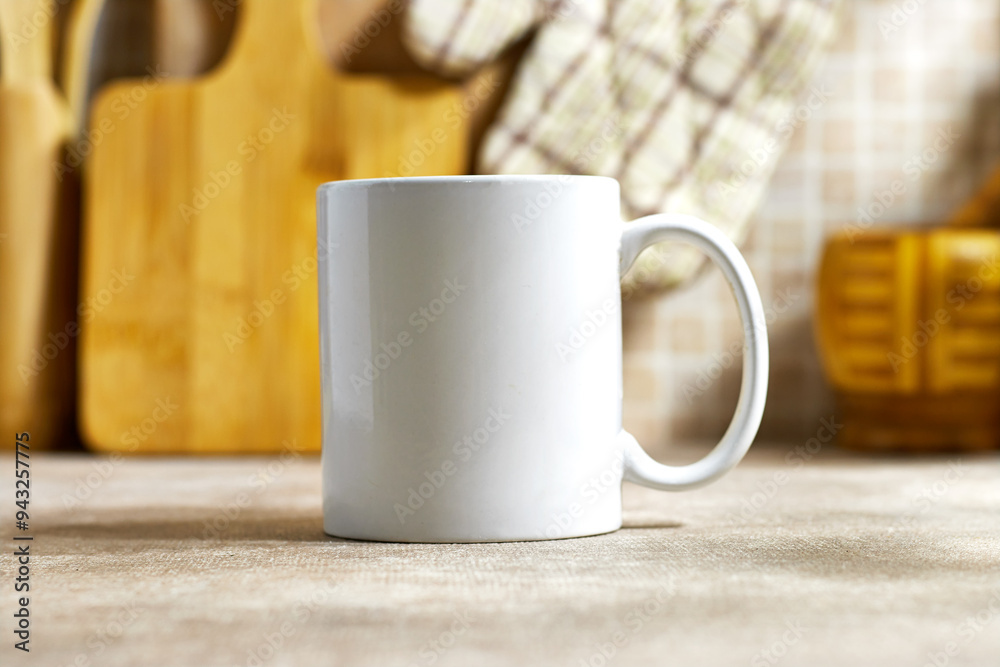 white coffee mug , white porcelain mug mock up on kitchen counter white coffee mug , white porcelain mug mock up on kitchen counter