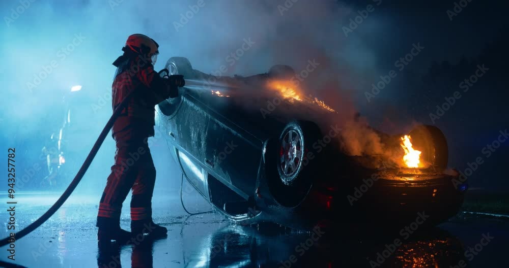 Fireman in Full Safety Uniform Putting Down Fire on a Rolled Vehicle ...